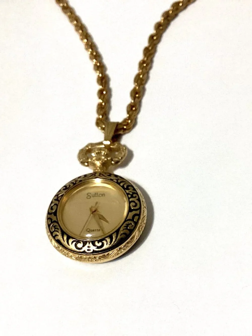 Vintage Pocket Watch, Unique Long Chain Gold Tone, WORKS! Victorian Retro